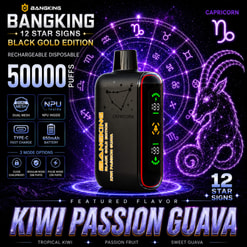 Promotional Graphic For Bangking Capricorn Vape, Black Gold Edition, With Purple Zodiac Art And Kiwi Passion Guava Flavors