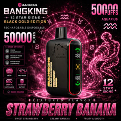 Promotional Graphic For A Bangking Aquarius Vape, 5000 Puffs, Featuring Strawberry Banana Flavor And Pink Zodiac-Themed Design
