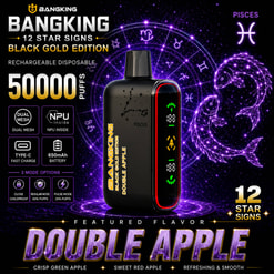 Promotional Graphic For A Bangking Pisces Vape Device In Black Gold Edition With Purple Zodiac Background And Double Apple Flavor Text