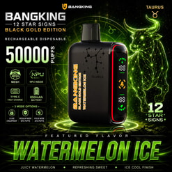 Bangking Taurus Black Disposable Vape Ad With Neon Bull Graphic, 5000 Puffs, Watermelon Ice Flavor