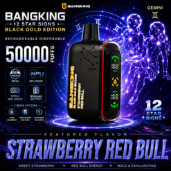 Promotional Poster For A Bangking Gemini Vape, Showing A Black Device And Neon Zodiac Artwork With Flavor Text Strawberry Red Bull