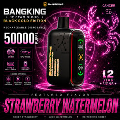 Bangking 12 Star Signs Black Gold Edition Vape, Cancer Flavor, With Neon Pink Crab Graphic And Feature Icons
