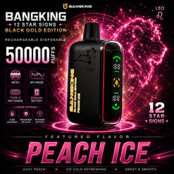 Promotional Graphic For A Bangking 12 Star Signs Disposable Vape, Leo Edition, Peach Ice Flavor, With Bright Pink Neon Effects And Feature Icons