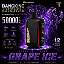 Black And Gold Bangking Virgo Vape Ad With Purple Zodiac Graphics And “Grape Ice” Flavor Text