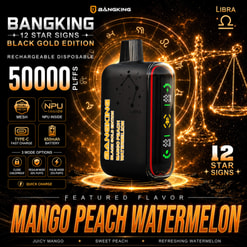Promotional Graphic For Bangking Libra 12-Star Black Gold Rechargeable Disposable Vape, Mango Peach Watermelon Flavor, 50000 Puffs