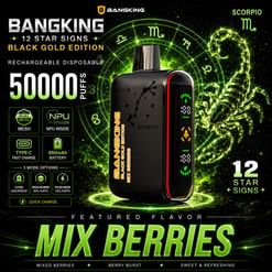 Promotional Graphic For Bangking Scorpio Vape, Black Gold Edition, 50,000 Puffs, Mix Berries Flavor, With Neon Green Zodiac Theme