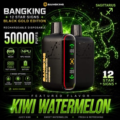 Bangking Sagittarius Disposable Vape Ad With Two Black Devices And Neon Green Astrology Graphics, Featuring Kiwi Watermelon Flavor