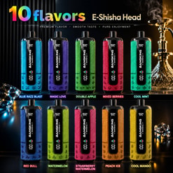 Colorful Bangking Shisha Disposable Vape Ad Showing 10 Flavors Arranged In Two Rows On A Dark Background
