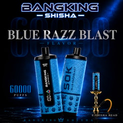 Bangking Shisha Blue Razz Blast Flavor Ad With Two Blue Vape Devices, 60000 Puffs, And A Hookah Head