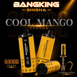 Bangking Shisha Cool Mango E-Shisha Ad Showing Yellow-Black Vape Devices And 6000 Puffs Text