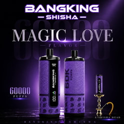 Purple Bangking Shisha Magic Love Flavor Vape Ad With Two Devices, 60,000 Puffs, And An E-Shisha Head