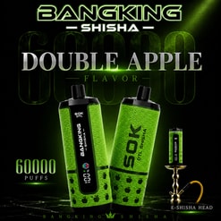 Bangking Shisha Double Apple Flavor Vape Ad With Two Green 60000-Puff Devices And A Hookah Head