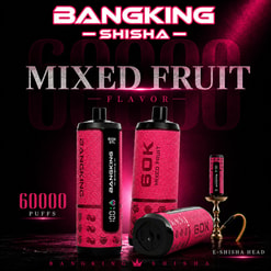 Promotional Graphic For Bangking Shisha Mixed Fruit Flavor 6000-Puff E-Shisha Devices In Pink And Black