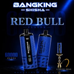 Promotional Graphic For Bangking Shisha Red Bull Flavor, Showing Two Blue Vape Devices, An E-Shisha Head, And 6000 Puffs Text