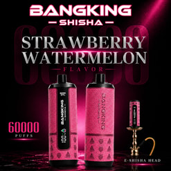 Bangking Shisha Strawberry Watermelon Flavor Ad With Two Pink Vape Devices, 6000 Puffs, And An E-Shisha Head On A Black Background