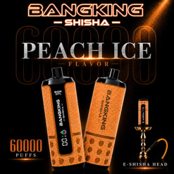 Bangking Shisha Peach Ice Flavor Vape Ad With Two Orange Devices And 6000 Puffs Text On A Black Background