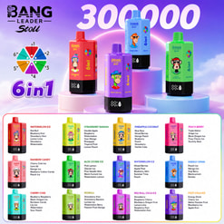 Bang Leader Stoll 6-In-1 Vape Ad With Colorful Devices And Flavor List On A Purple Sky Background