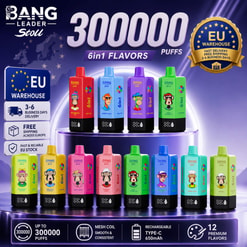 Promotional Graphic For Bang Leader Stoll Vape Devices, Showing 300000 Puffs, Eu Warehouse Shipping, And Multiple Flavor Colors