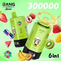 Promotional Graphic Of Bang Leader Stoll 300000 Puffs Vape Devices With Assorted Fruit Flavors And Red Bull Branding On A Green Background