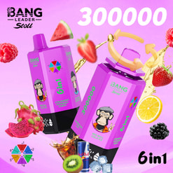 Pink Bang Leader Stoll Vape Ad With Two Purple Devices, Fruit Flavors, And Large 300000 And 6 In1 Text