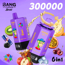 Purple Bang Leader Stoll Energy Drink Ad With Two Cartons, Fruit Splashes, And Large 300000 And 6 In 1 Text