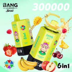 Colorful Ad For Bang Leader Stoll 300000, Showing Two Cartoon-Fruit Vape Devices With Fruit Splashes And Flavor Icons