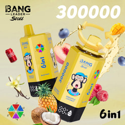 Ad For Bang Leader Stoll Vape Devices With Fruit Flavors, Splash Graphics, And Large 300000 Puffs Text