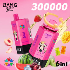Pink Bang Leader Stoll Vape Boxes With Fruit Flavors, Gummies, And 300000 Count Text On A Pink Background