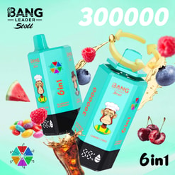 Colorful Ad For Bang Leader Stoll Vape Flavors With Fruit Splashes, Soda, And Large 300000 And 6 In1 Text
