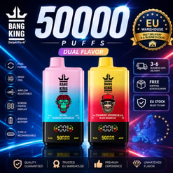 Promotional Graphic For Bang King 50,000-Puff Dual-Flavor Vape Devices With Eu Warehouse And Delivery Badges