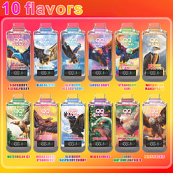 Graphic Showing 10 Bang Bottle Flavors With Eagle Artwork And Labels On A Bright Orange Gradient Background