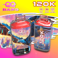 Colorful Ad For Qq Bang 120K Disposable Vape Devices With 120K, Type-C, 650Mah, And Dual Mesh Icons