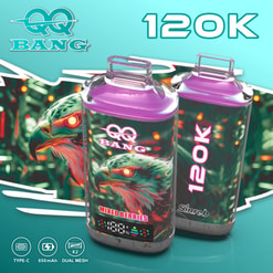 Two Colorful 120K Bang Vape Devices With Eagle Artwork And Mixed Berries Flavor On A Teal Background