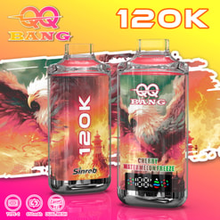 Two Colorful Qq Bang 120K Vape Devices With Eagle Graphics And Cherry Watermelon Freeze Flavor