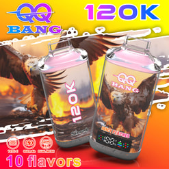 Promotional Graphic For Qq Bang 120K With Two E-Cigarette Devices, An Eagle, And “10 Flavors” Text