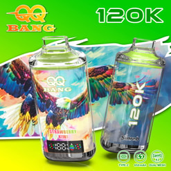 Colorful Qq Bang 120K Vape Device Ad With Two Clear E-Cigarettes And Strawberry Kiwi Flavor Label