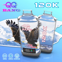 Qq Bang 120K Vape Devices With Eagle Artwork And Blueberry Raspberry Cherry Flavor Label, Shown In Blue Packaging