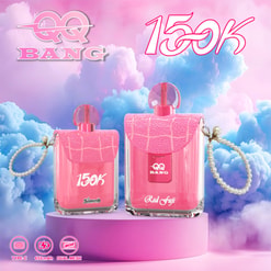 Pink Perfume Bottles Labeled Qq Bang 150K On A Pastel Cloud Background, With Pearl Charms And Feature Icons