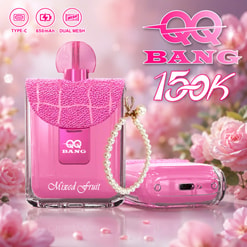 Pink Qq Bang Vape With Pearl Charm, Showing 150K And Mixed Fruit Flavor Amid Flowers