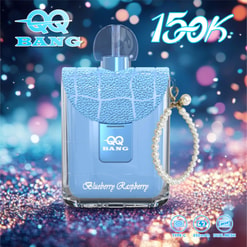 Blue Perfume Bottle Labeled Qq Bang 150K, Blueberry Raspberry, With Pearl Charm Against A Sparkling Bokeh Background