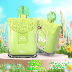 Two Lime-Green Perfume Bottles With Textured Caps And Pearl Chain Against A Floral Sky Background, Labeled Qq Bang And 150K