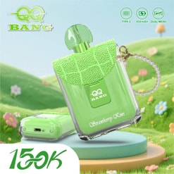 Green Qq Bang Strawberry Kiwi Vape Device With Type-C, 650Mah, And Dual Mesh Icons, Shown In A Pastel Field Setting