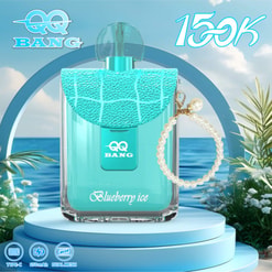 Turquoise Qq Bang Blueberry Ice Perfume Bottle With Pearl Bracelet, Set Against An Ocean And Sky Backdrop