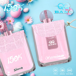 Pink Perfume Bottles With 150K And Qq Bang Branding On A Blue Background With Flowers And Pastel Eggs