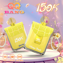Two Yellow Qq Bang Perfume Bottles Labeled 150K, Mango Peach And Sinrob, With Floral Background And Type-C, 650Mah, Dual Mesh Icons