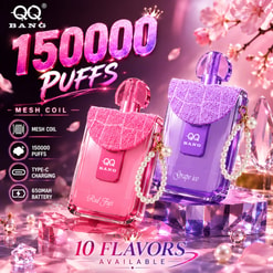 Promotional Image Of Two Qq Bang Vape Devices In Pink And Purple, With 15000 Puffs And Flavor Features Listed