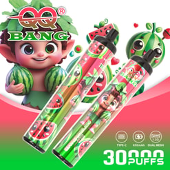 **Creating Concise Alt Text** I Need To Generate Succinct Alt Text That Describes What'S Visible In The Image, Focusing On The Essential Elements. Since It’s An Ad For A Bang Watermelon-Themed Vape, I Should Highlight That This Is A Product Advertisement. I Want To Make Sure I Avoid Unsupported Claims. The Alt Text Needs To Be Clear And Objective, So I'Ll Keep It Simple And To The Point For Accurate Description And Accessibility. Colorful Product Ad For “Bang” Disposable Vape Devices With Watermelon-Themed Graphics, Featuring A Cartoon Elf Holding Watermelons, Two Illustrated Vape Pens, And Text Highlighting Type-C Charging, 650Mah Battery, Dual Mesh 1.2 Ohm, And “30000 Puffs.”
