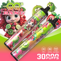Promotional Graphic For Qq Bang Disposable Vapes With Colorful Fruit-Themed Cartoon Artwork, Showing Two Vape Devices And Featuring Labels For Type-C Charging, 650 Mah Battery, Dual Mesh 1.2 Ohm, And 30,000 Puffs