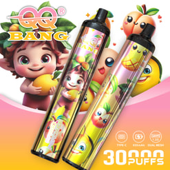 Promotional Image For A “Qq Bang” Disposable Vape Line, Featuring Cartoon Peach And Mango Characters, Two Colorful Vape Devices, And Text Advertising 30,000 Puffs, Type-C Charging, 650 Mah Battery, And Dual Mesh 1.2 Ohm