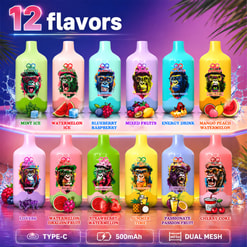 Colorful Ad Showing 12 Bang Vape Flavors In Bright Bottles With Gorilla Graphics And Fruit Icons